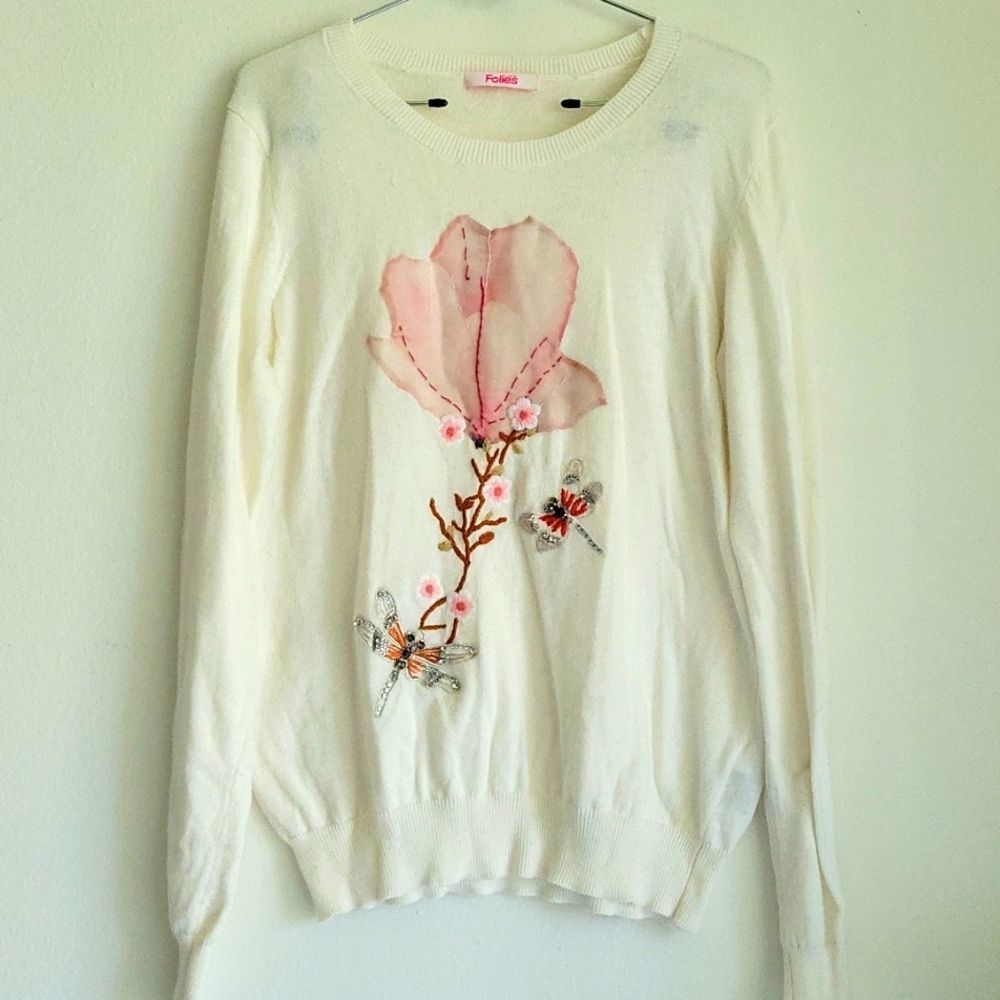 Blumarine Cream Sweater with Pink Floral Design